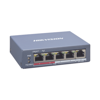 Switch Monitoreable PoE+ / 4 puertos 100 Mbps PoE+ / 1 Puerto 100 Mbps Uplink / PoE hasta 250 Metros / 60 Watts / Conexión Remota desde Hik-PartnerPro