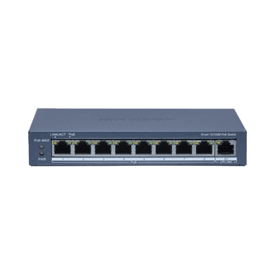 Switch PoE+ / Monitoreable / 8 Puertos 10/100 Mbps PoE+ / 1 Puerto 1000 Mbps de Uplink / Configuración Nube Hik-PartnerPro / Modo Extendido hasta 300 Metros / 110 W