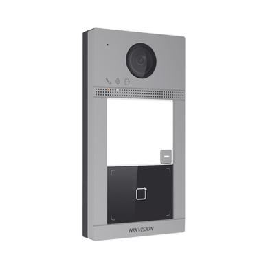 Videoportero IP 2 Megapixel / Llamada y Apertura Remota desde App Hik-Connect / PoE / Exterior IP65 + Antivandalico IK08 / 1 Departamento / Apertura con Tarjeta / Soporta 2 Puertas y hasta 6 Monitores