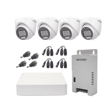KIT TurboHD 1080p / DVR 4 Canales con audio por coaxitron / 4 Cámaras con Micrófono y 106° Visión/ luz blanca + IR visión nocturna / Transceptores / Conectores / Fuente de Poder Profesional