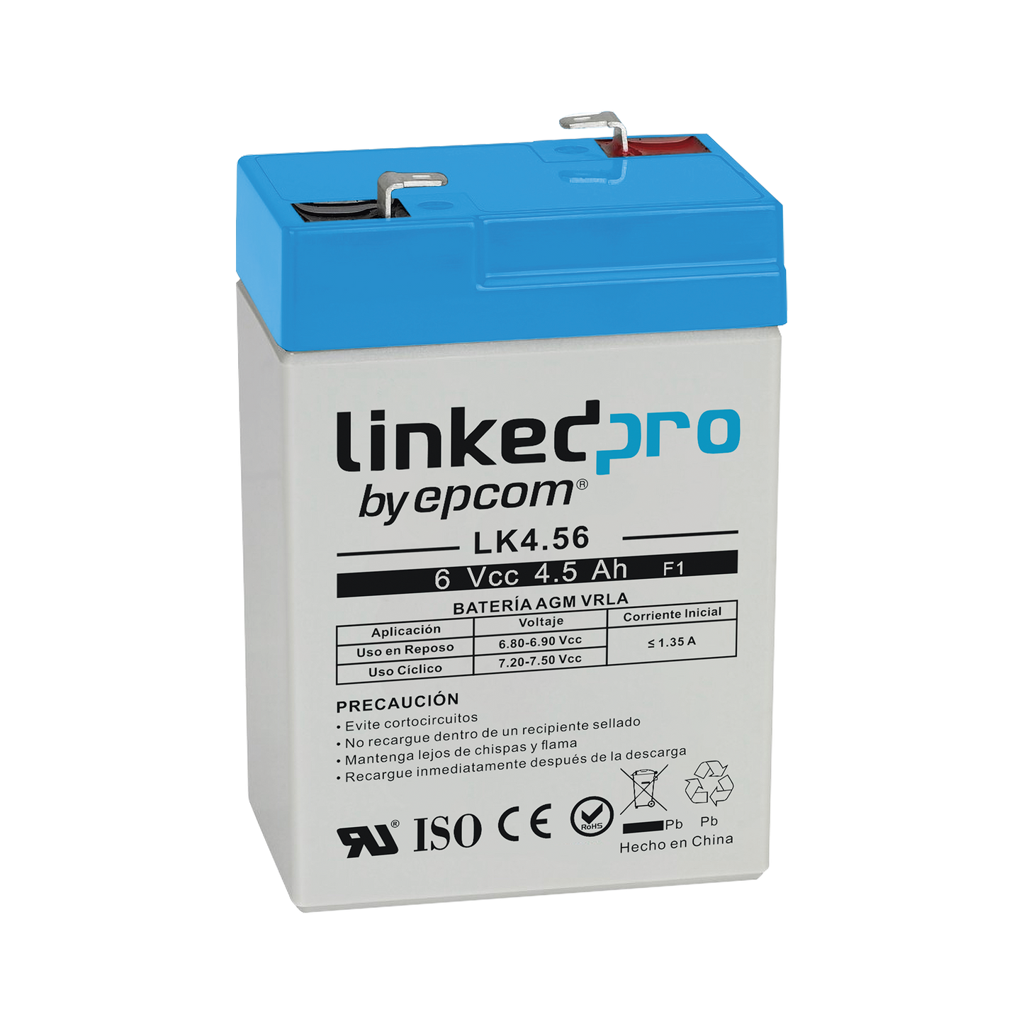 Batería 6 V / 4.5 Ah / UL / Tecnología AGM / Vida útil promedio 5 años / Para uso en equipo electrónico, Alarmas de Intrusión / Incendio/ Control de acceso / Video Vigilancia / Terminales F1 ( Incluye adaptador F2