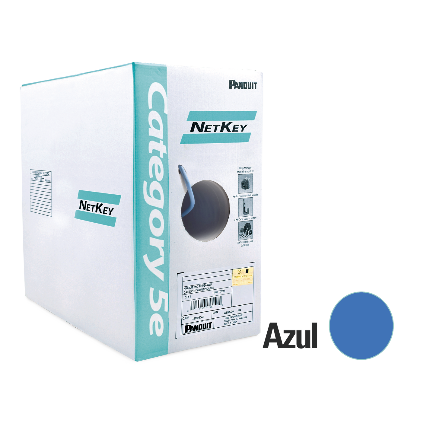 Bobina de Cable UTP 305 Metros (1000 Pies) de Cobre, NetKey, Azul, Categor�a 5e (24 AWG), PVC (CM), de 4 Pares