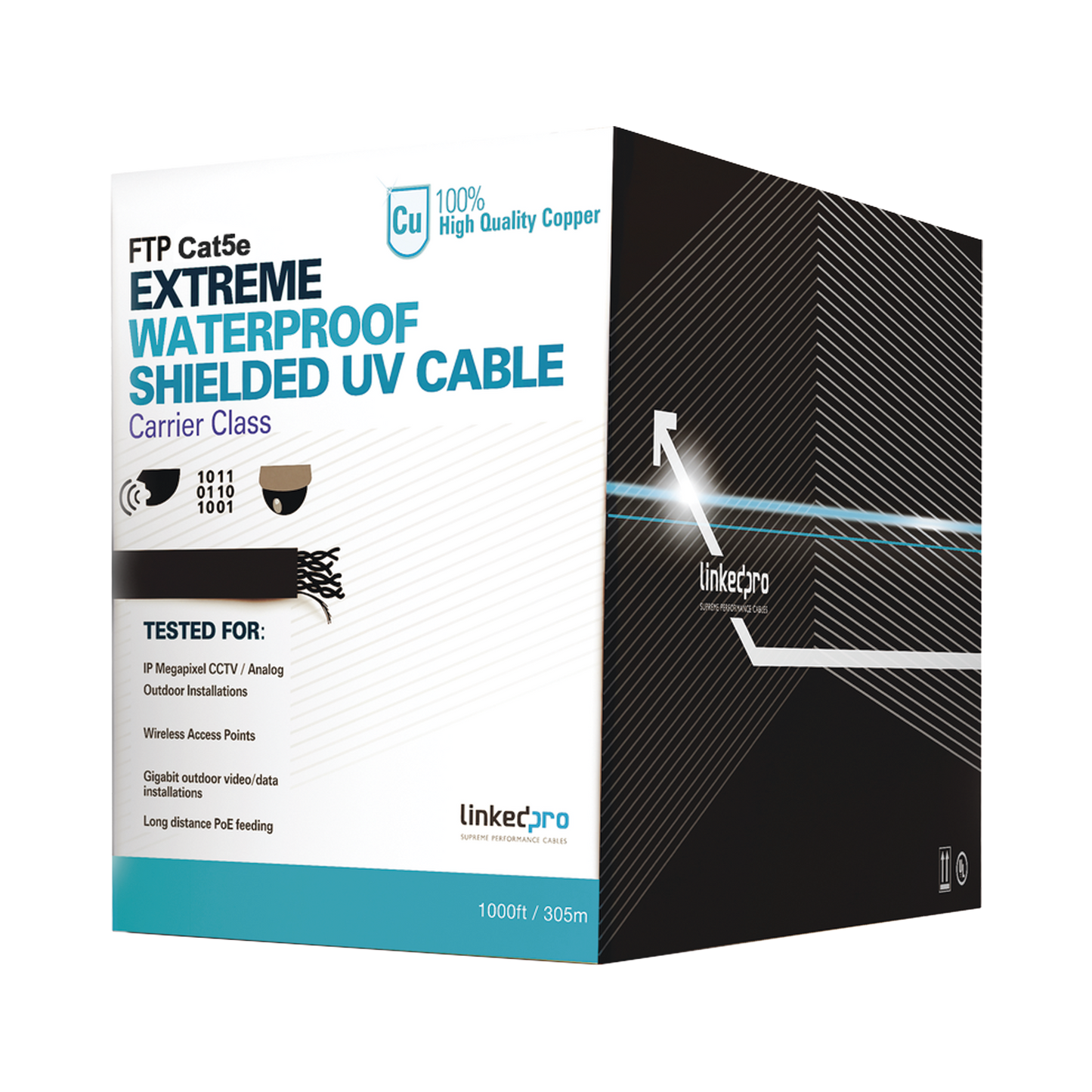 Bobina de Cable de 305 Metros (1000 Pies), Cat5e, Color Negro, Sin Blindar, para Aplicaciones de Video Vigilancia, Redes de Datos. Uso en Intemperie