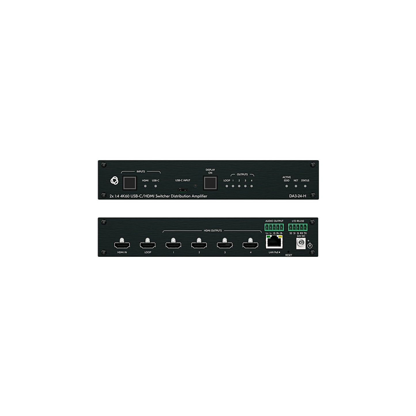 Distribuidor y Switcher 2x1:4 | 4K@60Hz 4:4:4 | HDMI 2.0b | HDCP 2.3 | 18Gbps | EDID Inteligente | Escalado Automático | Audio Analógico | RS-232 | Alimentación 20 VDC | Montaje en Rack 1U | 21.46 cm x 16.30 cm x 4.36 cm (8.45 in x 6.