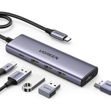 HUB USB-C (Docking Station) 5 en 1 | HDMI 2.0 4K@30Hz | 3 USB-A 3.0 (5Gbps) | USB-C PD Carga 100W | Potente Disipación de Calor | Chip de Ultima Generación | Cable de Nylon Trenzado de 25 cm | Carcasa