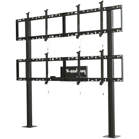 Soporte Modular para Video Wall Pedestal 2x2 / Ajuste Micro Sin Herramientas / 8 Puntos de Alineación / Capacidad 500 lb / VESA 200x200 a 600x400 mm / Estructura Aluminio / Gestión Cableado Integrada / Almacenamiento Multimedia