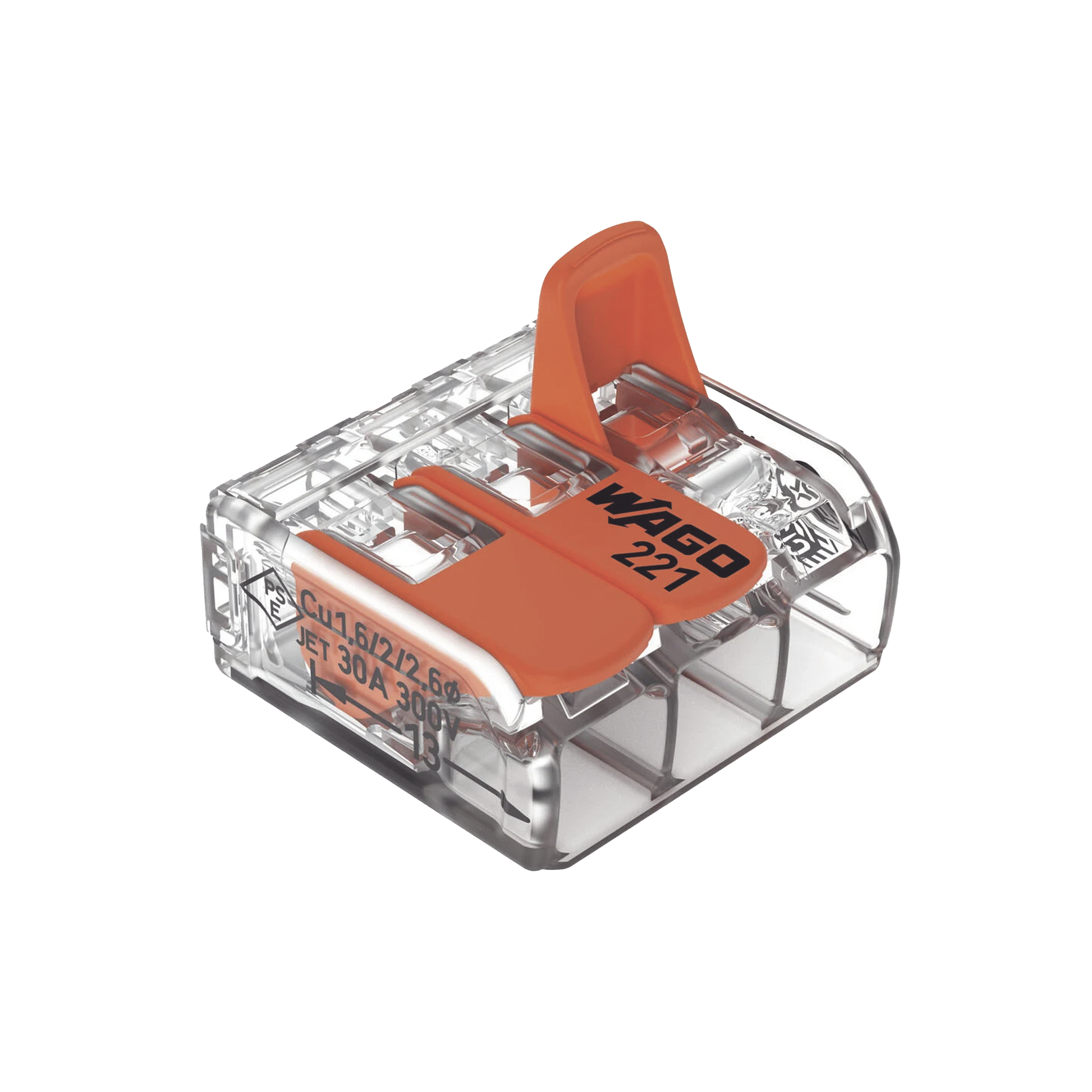Borna de Conexión con Palancas / 3 Conductores / CAGE CLAMP® / 6 mm² (10 AWG) Máximo / 32A 450V / Transparente / Palancas Naranja / TB85