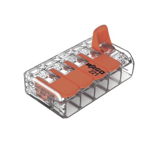 Conector Eléctrico / Borna de Conexión con Palancas / 5 Puntos / 6 mm² Máximo / 30A 450V / Transparente / CAGE CLAMP® / UL-ENEC-CB