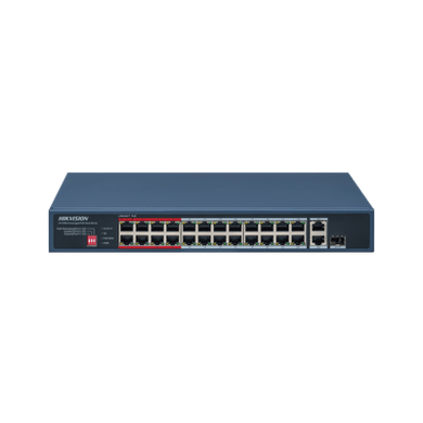Switch PoE+ / No Administrable / 24 Puertos 10/100 Mbps PoE+ / 2 Puertos 1000 Mbps Uplink / 1 Puerto SFP Uplink / Modo Extendido hasta 300 Metros / 230 W