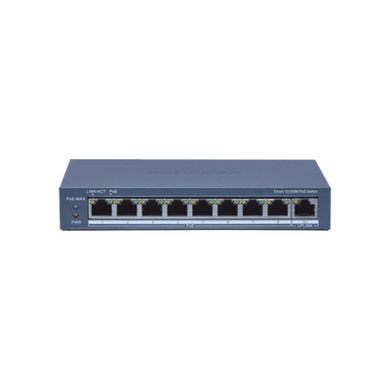Switch Administrable PoE+ / 8 puertos 100 Mbps PoE+ / 1 puerto 1000 Mbps de Uplink / PoE hasta 300 Metros / Conexión Remota desde Hik-ParnerPro / 110 W