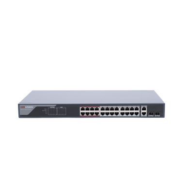 Switch  PoE+ / Monitoreable / 24 Puertos 100 Mbps PoE+ / 2 Puertos 1000 Mbps + 2 Puertos SFP de Uplink (COMBO) / Configuración Nube Hik-Partner Pro / Modo Extendido hasta 300 Metros / 370 Watts