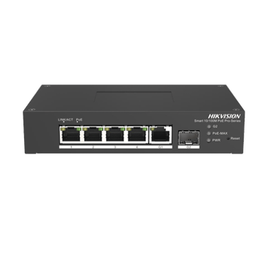 Switch PoE+ Industrial de Escritorio / Administrable / 4 Puertos 10/100 Mbps PoE+ / 1 Puerto 1000 Mbps Uplink / 1 Puertos SFP  /  Configuración Nube Hik-PartnerPro / Modo Extendido hasta 300 Metros / 60 Watts