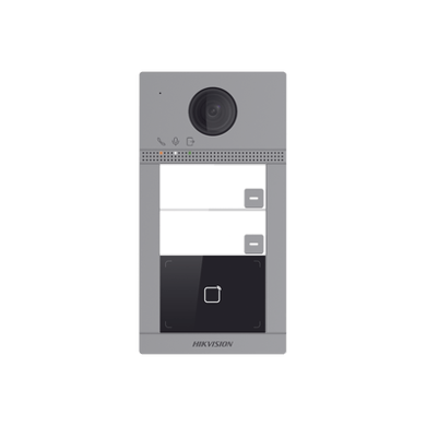 Videoportero IP (IP65 + IK08) con Llamada y apertura desde APP Hik-Connect / Soporta 2 Departamentos / PoE Estandar  / Interfaz WEB para configuración / 2 puertas