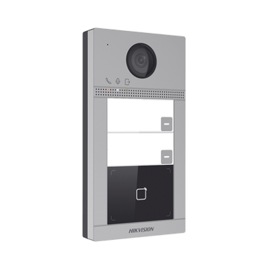 Videoportero IP 2 Megapixel / Llamada y Apertura Remota desde App Hik-Connect (requiere monitor) / PoE / Exterior IP65 + Antivandalico IK08 / 2 Departamentos / Apertura con Tarjeta / Soporta 2 Puertas y hasta 6 Monitores