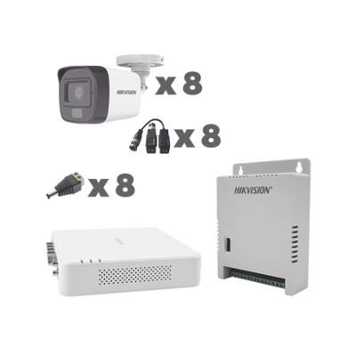 KIT TurboHD 1080p / DVR 8 Canales con audio por coaxitron / 8 Cámaras con Micrófono Integrado 101° Visión/  luz blanca + IR visión nocturna  / Transceptores / Conectores / Fuente de Poder Profesional