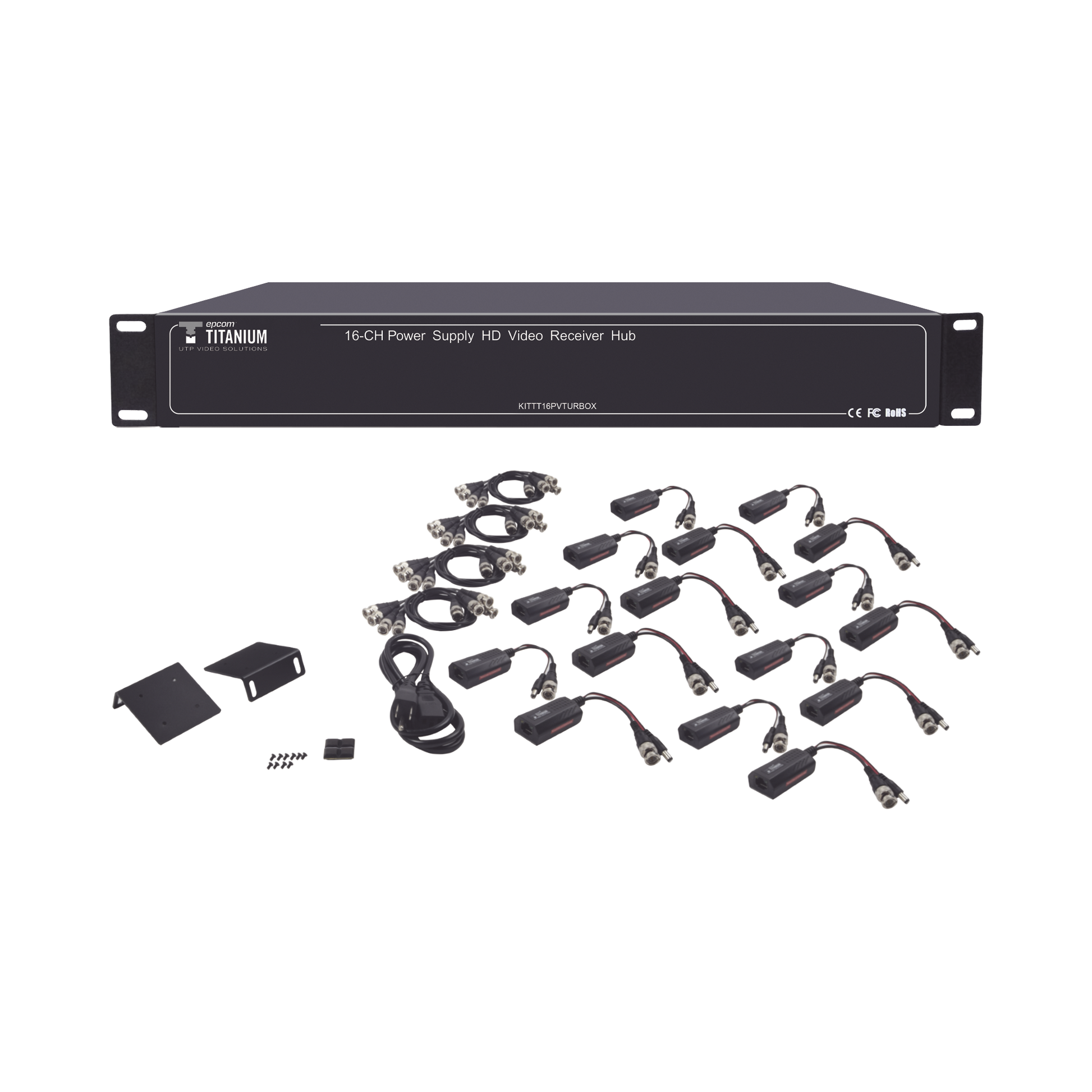 Kit de TRANSCEPTOR ACTIVO DE 16 Canales / VIDEO+PODER en un solo Cable UTP / 150m en 4K, 200m en 5 MP/ Envía 36 Vcc y recibe 12 Vcc / TODO INCLUIDO PARA RACK / Compatible con cámaras HD-TVI/CVI/AHD/CVBS / Instalación Limpia