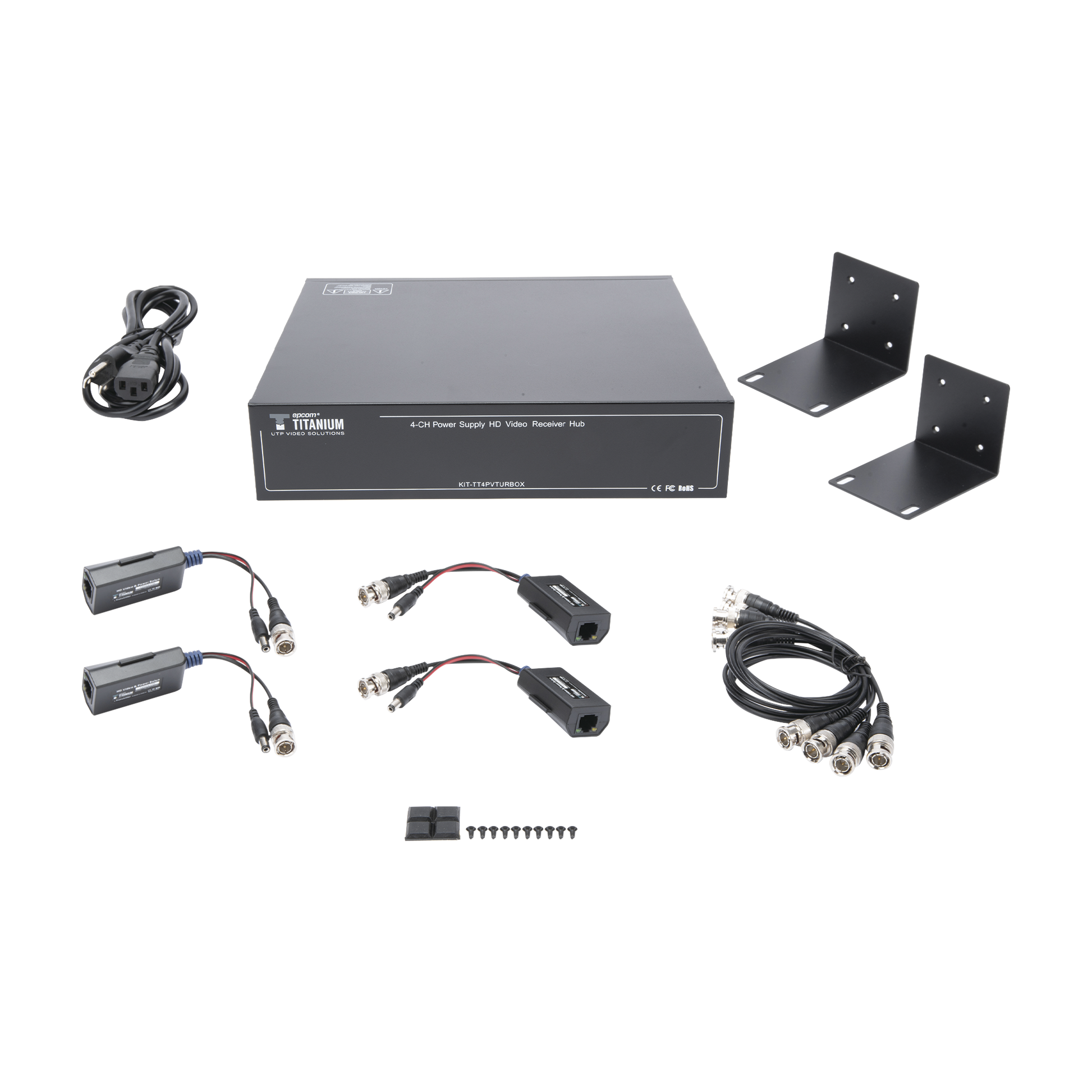 Kit de TRANSCEPTOR ACTIVO DE 4 CANALES / VIDEO+PODER en un solo Cable UTP / 150 metros en 4K, 200 metros en 5 MP/ Envía 36 Vcc y Recibe 12 Vcc / TODO INCLUIDO PARA RACK / Compatible con cámaras HD-TVI/CVI/AHD/CVBS / INSTALACIÓN LIMPIA