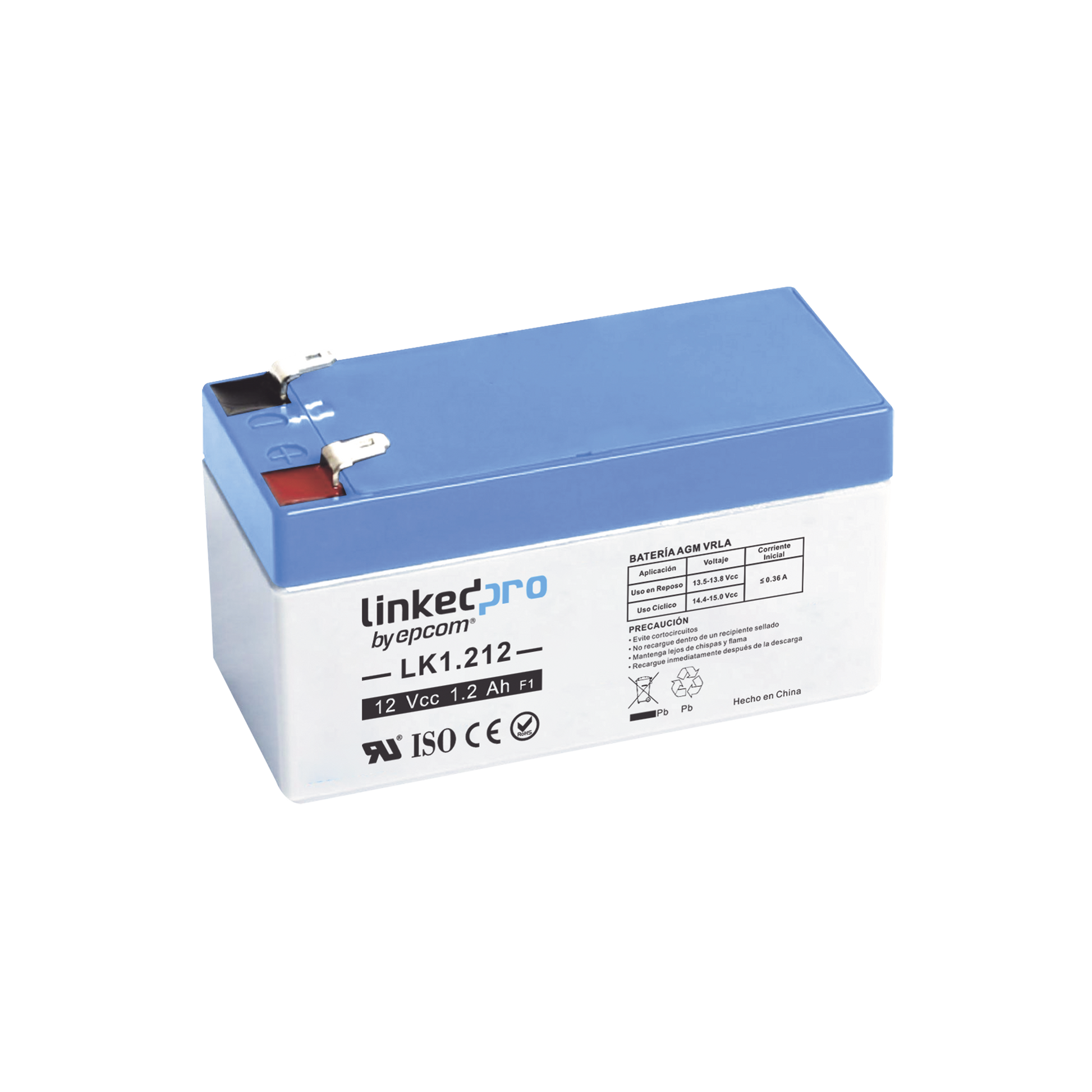 Batería 12 V / 1.2 Ah / UL / 5 Años vida útil promedio / Para uso en equipo electrónico /Alarmas de Intrusión / Incendio/ Control de acceso / Video Vigilancia / Terminales F1  ( Incluye adaptador F2 )