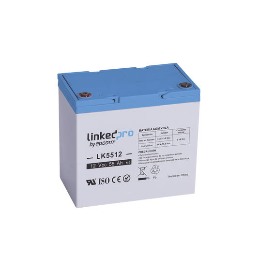 Batería 12 V / 55 Ah / UL / Tecnología AGM / Vida útil promedio de 5 años / Para uso en equipo electrónico, Alarmas de Intrusión / Incendio/ Control de acceso / Video Vigilancia / T2
