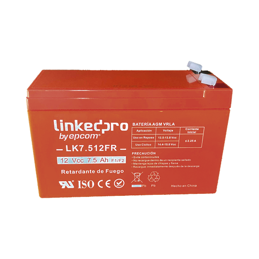 Batería 12 V / 7.5 Ah / UL / Tecnología AGM / Vida útil promedio de 5 años / Retardante a la Flama / Para equipo electrónico, Alarmas de Intrusión / Incendio/ Control de acceso / Video Vigilancia / Incluye adaptad