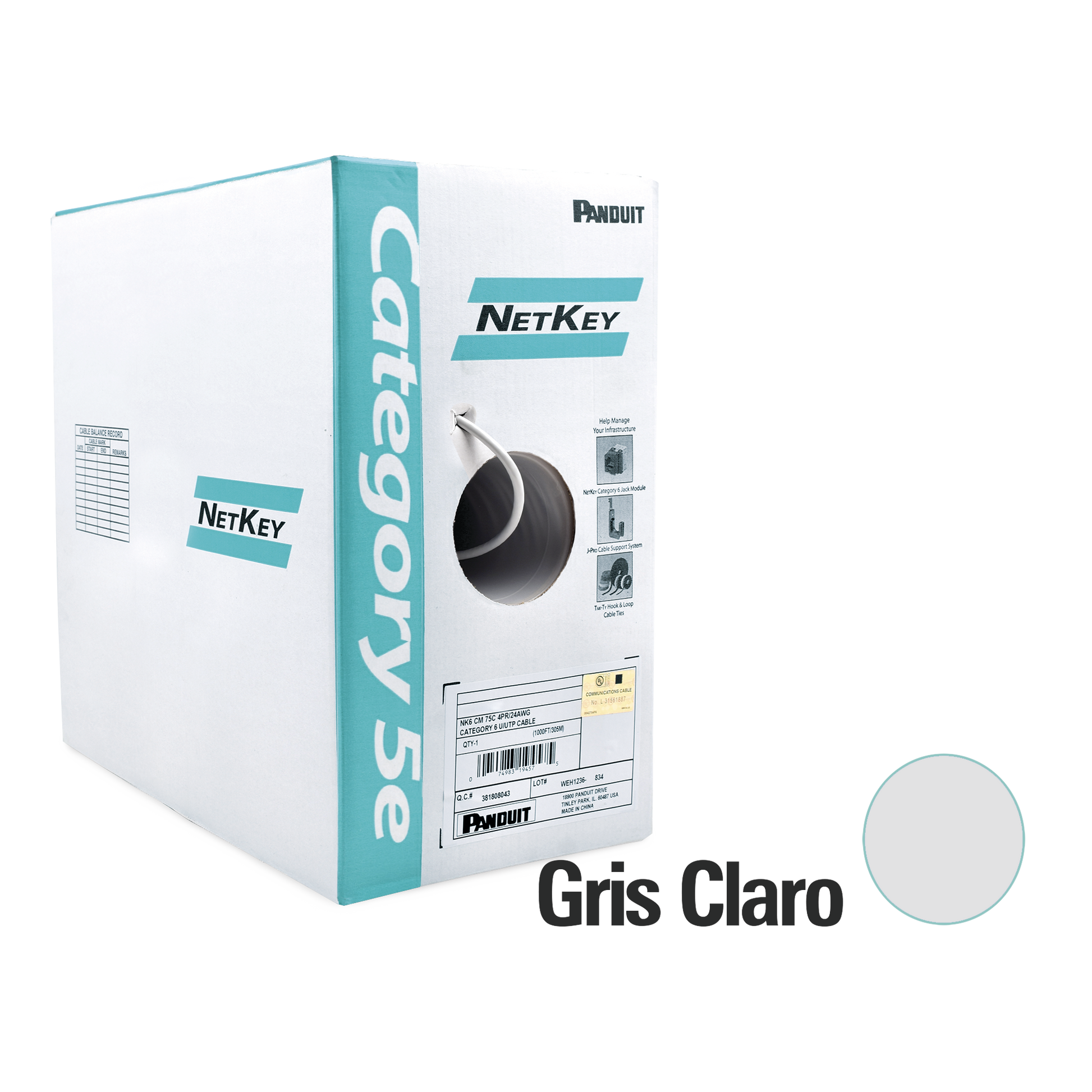 Bobina de Cable UTP 305 Metros (1000 Pies) de Cobre, NetKey, Gris Claro, Categor�a 5e (24 AWG), PVC (CM), de 4 Pares