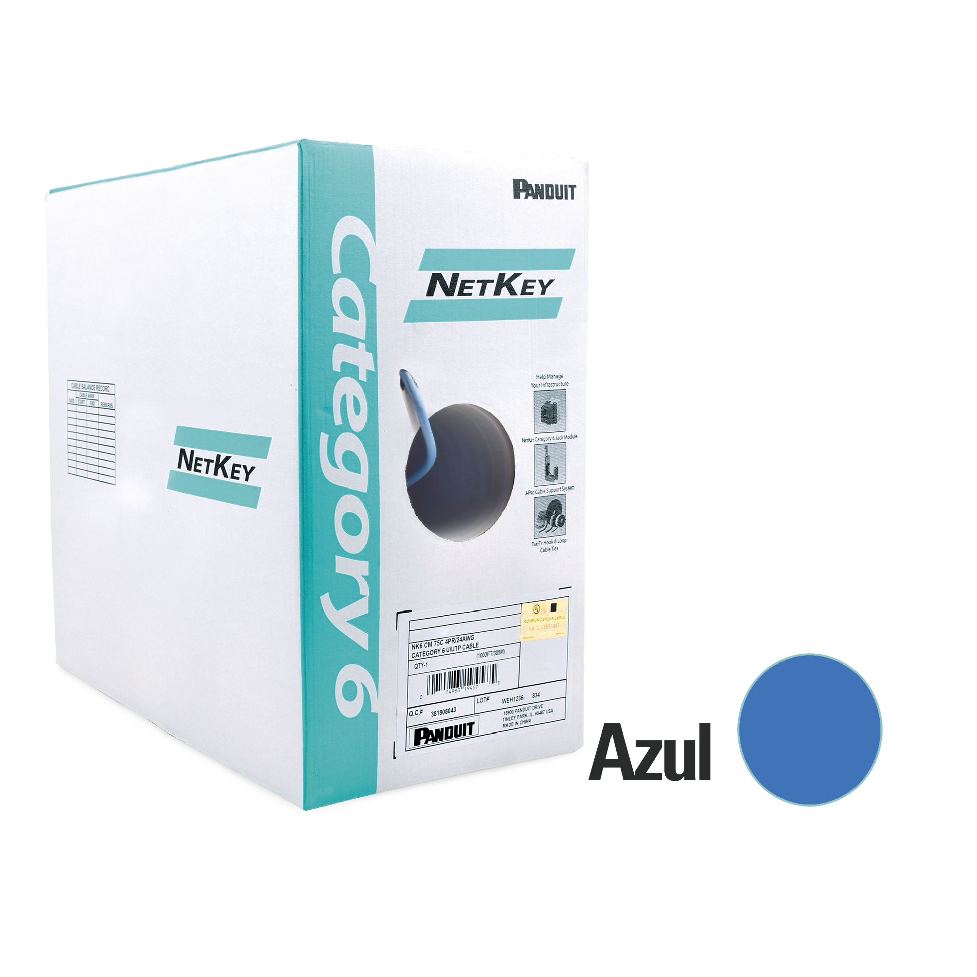 Bobina de Cable UTP 305 Metros (1000 Pies) de Cobre, NetKey, Reelex, Azul, Categor�a 6 (24 AWG), 1000Mbps, PVC (CM), de 4 Pares