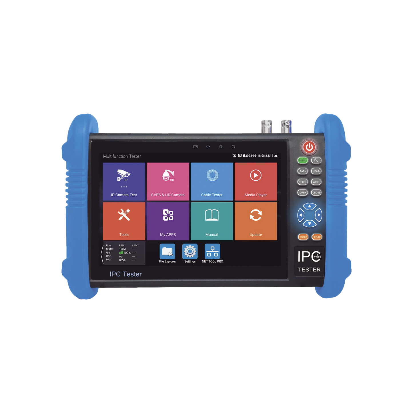 Tester de Video Profesional | Pantalla 7"|  Prueba IP/HD/Analógicas | TVI/CVI/AHD/CVBS | IP ONVIF | 4K/8K | H.264/H.265 | HDMI | PTZ | Scanner IP | TDR | Salidas 12V/24V/PoE | Activación Simultanea.