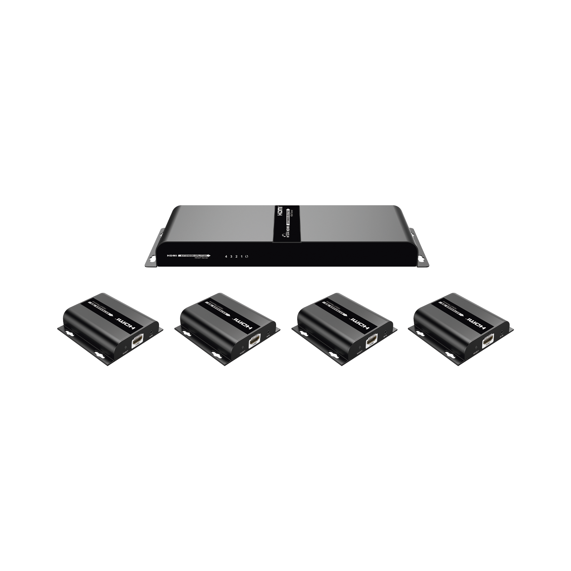 Kit Divisor y Extensor HDMI (Extender Splitter) | Divide 1 Fuente HDMI a 4 Pantallas | Extiende la señal HDMI hasta 120 m | Resolución 1080P @ 60 Hz | Cat 6/6a | Soporta IR | Baja Latencia | Uso24/7 | Alimente solo el Tx (PoC).