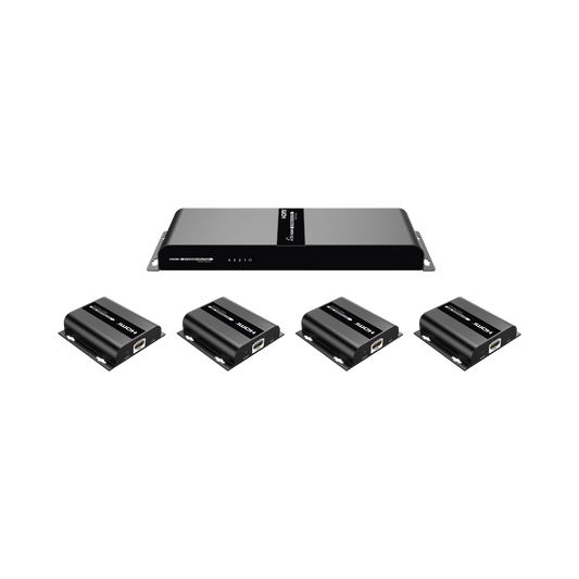 Kit Divisor y Extensor HDMI (Extender Splitter) | Divide 1 Fuente HDMI a 4 Pantallas | Extiende la señal HDMI hasta 120 m | Resolución 1080P @ 60 Hz | Cat 6/6a | Soporta IR | Baja Latencia | Uso24/7 | Alimente solo el Tx (PoC).
