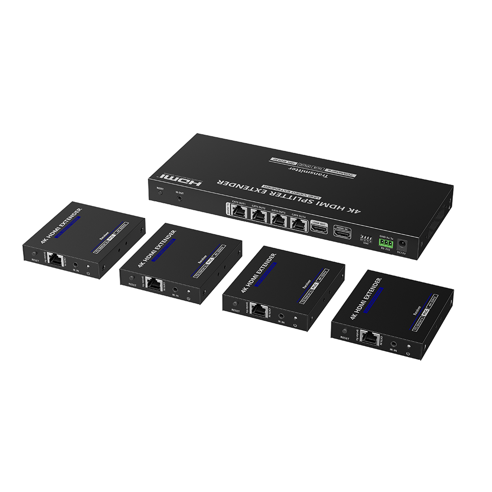 Kit Divisor y Extensor HDMI | 1x4 | Hasta 70 m |Resolución 4K @ 60 Hz |  Cat 6/6a/7 | IPCOLOR | CERO LATENCIA | Puerto S/PDIF | EDID | RS232 | Salida Loop / PoC