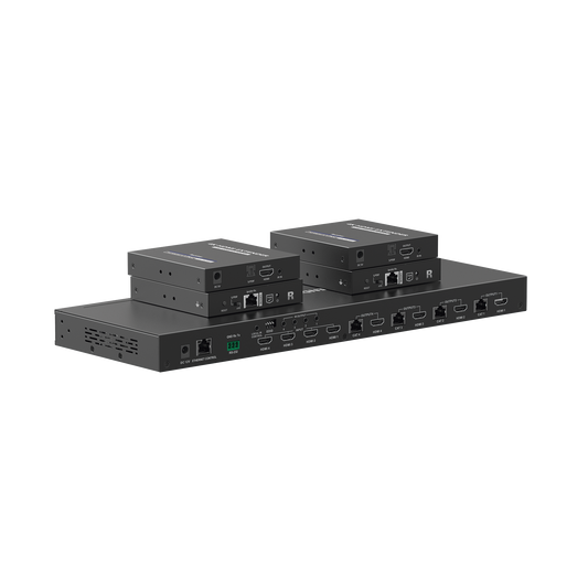 MATRICIAL Y EXTENSOR DE VIDEO HDMI 4 x 4 / 4 Entradas HDMI / 4 Salidas HDMI Loop / 4 Salidas RJ45 para Extender la señal 70 metros por salida  /4K / Conmutación por RS232, Control Remoto o Ethernet.