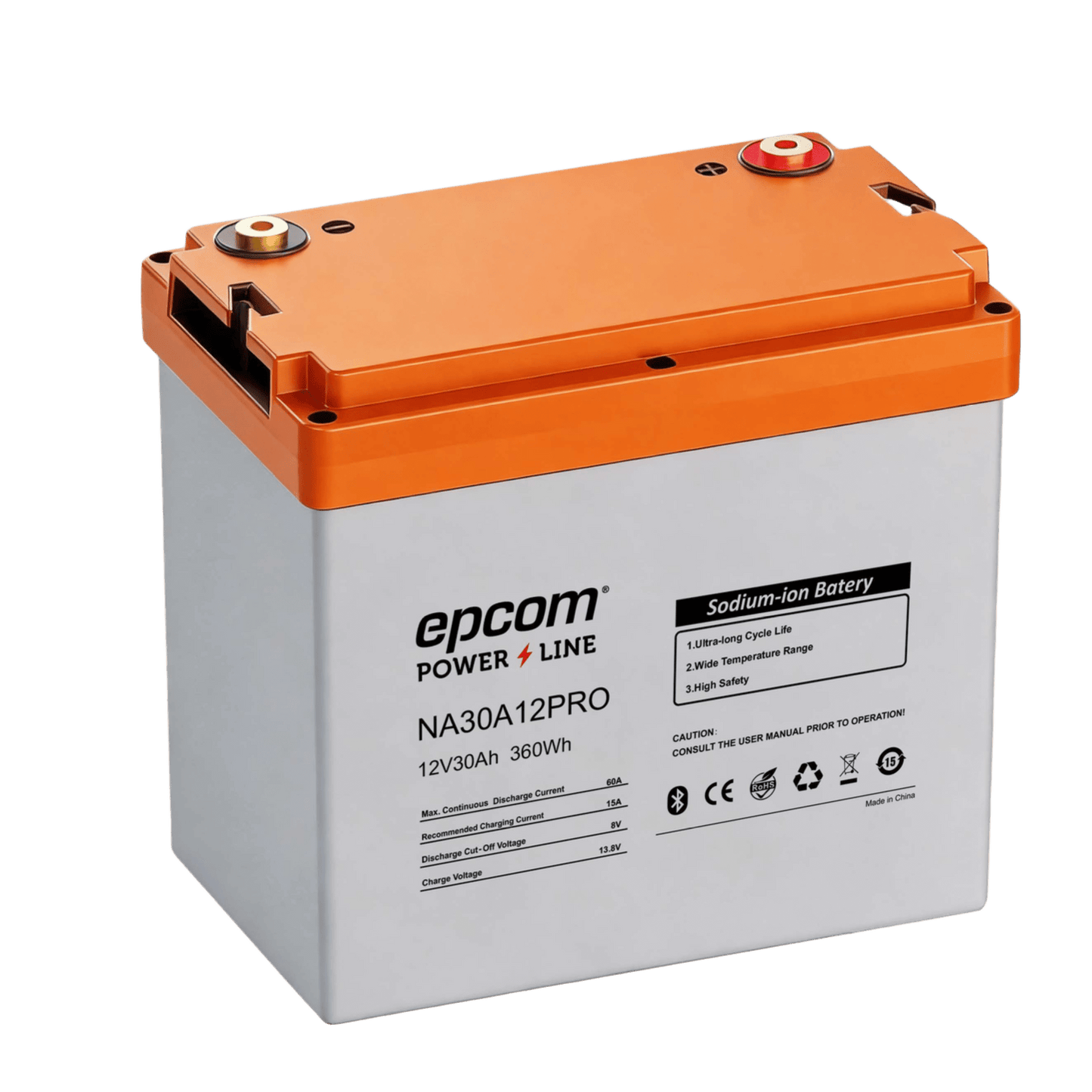 Batería de Iones de Sodio Ciclo Profundo / 12 Vcc 30 Ah / 360 Wh / 4000 Ciclos / Bluetooth / IP65 / Solar, Marina, Respaldo