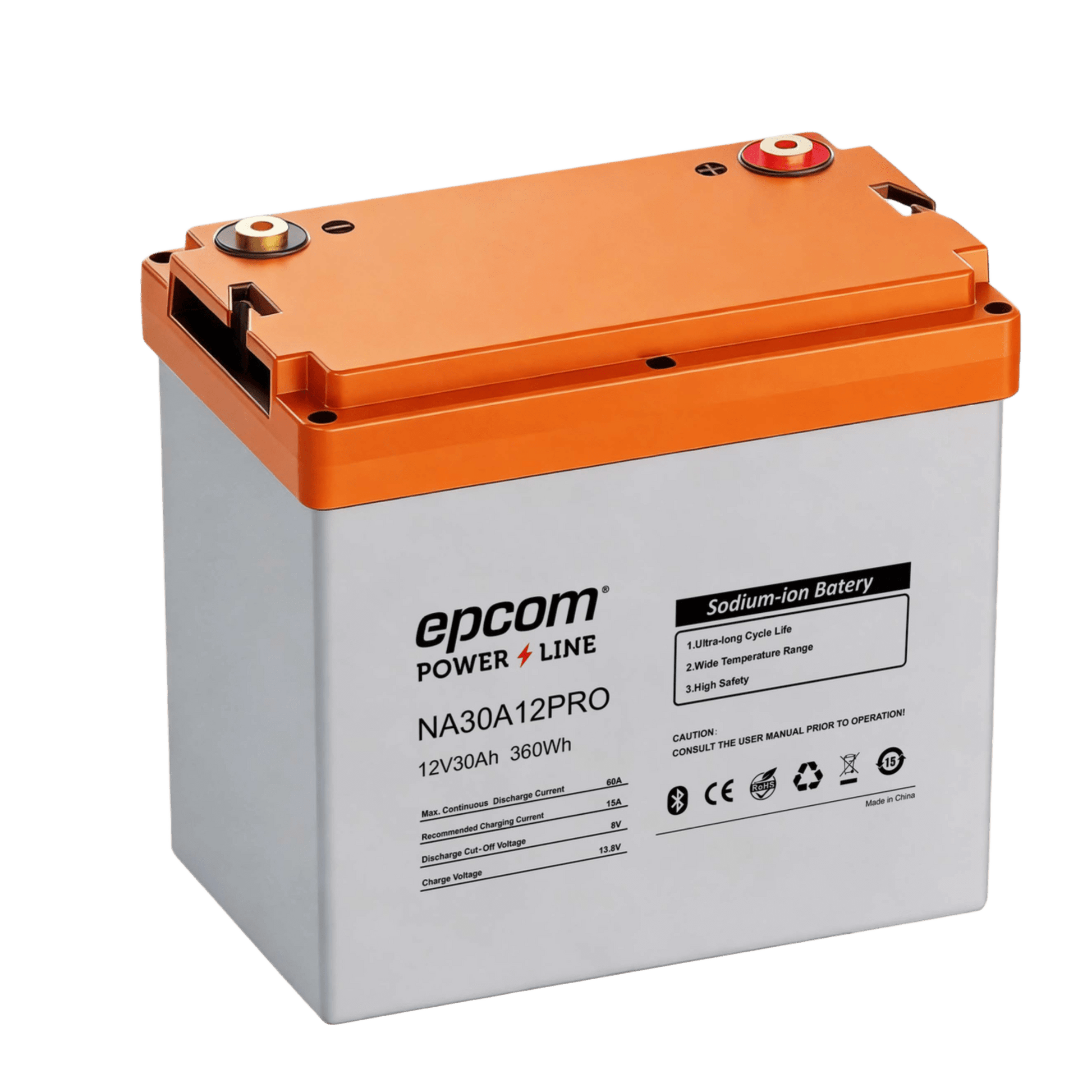 Batería de Iones de Sodio Ciclo Profundo / 12 Vcc 30 Ah / 360 Wh / 4000 Ciclos / Bluetooth / IP65 / Solar, Marina, Respaldo