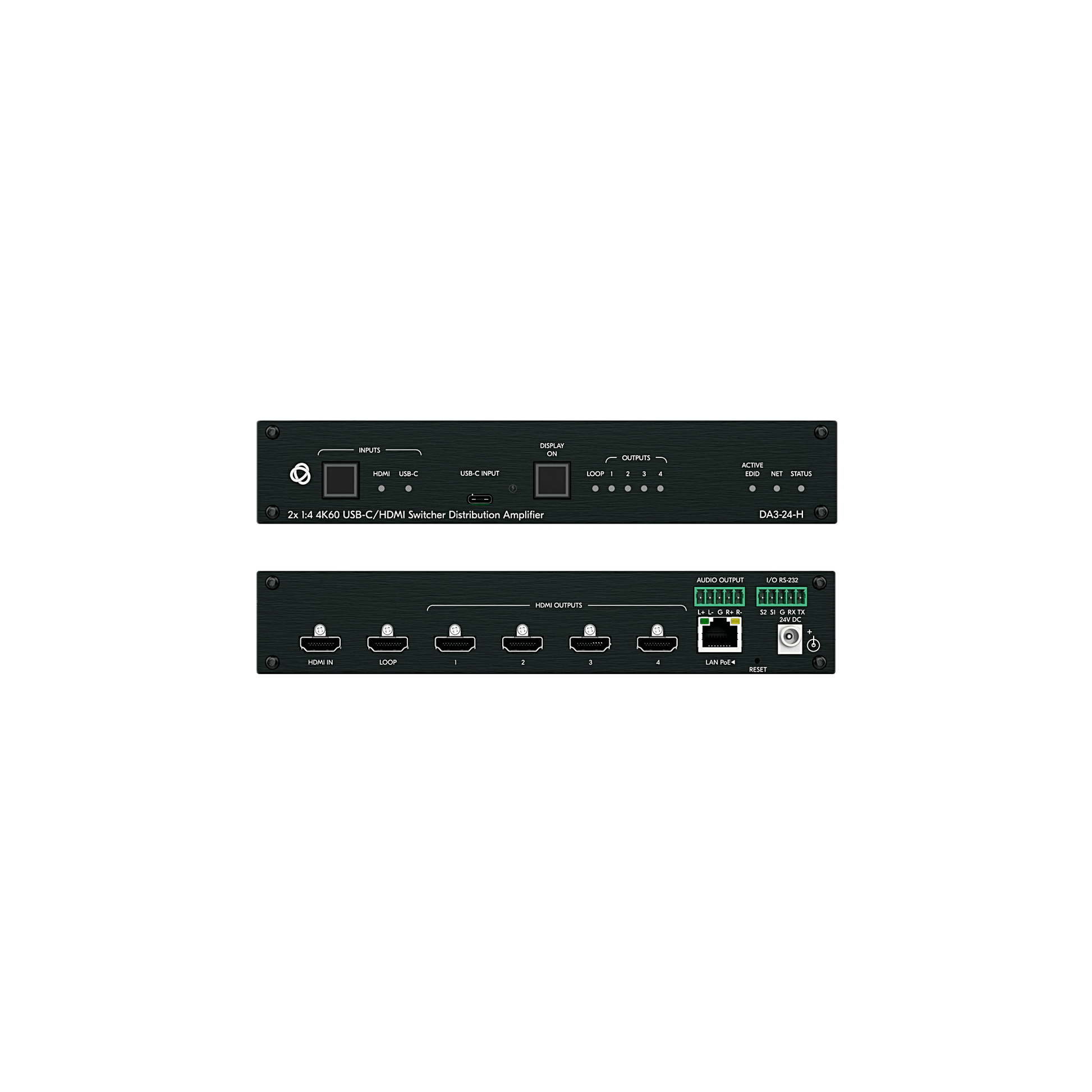 Distribuidor y Switcher 2x1:4 | 4K@60Hz 4:4:4 | HDMI 2.0b | HDCP 2.3 | 18Gbps | EDID Inteligente | Escalado Automático | Audio Analógico | RS-232 | Alimentación 20 VDC | Montaje en Rack 1U | 21.46 cm x 16.30 cm x 4.36 cm (8.45 in x 6.