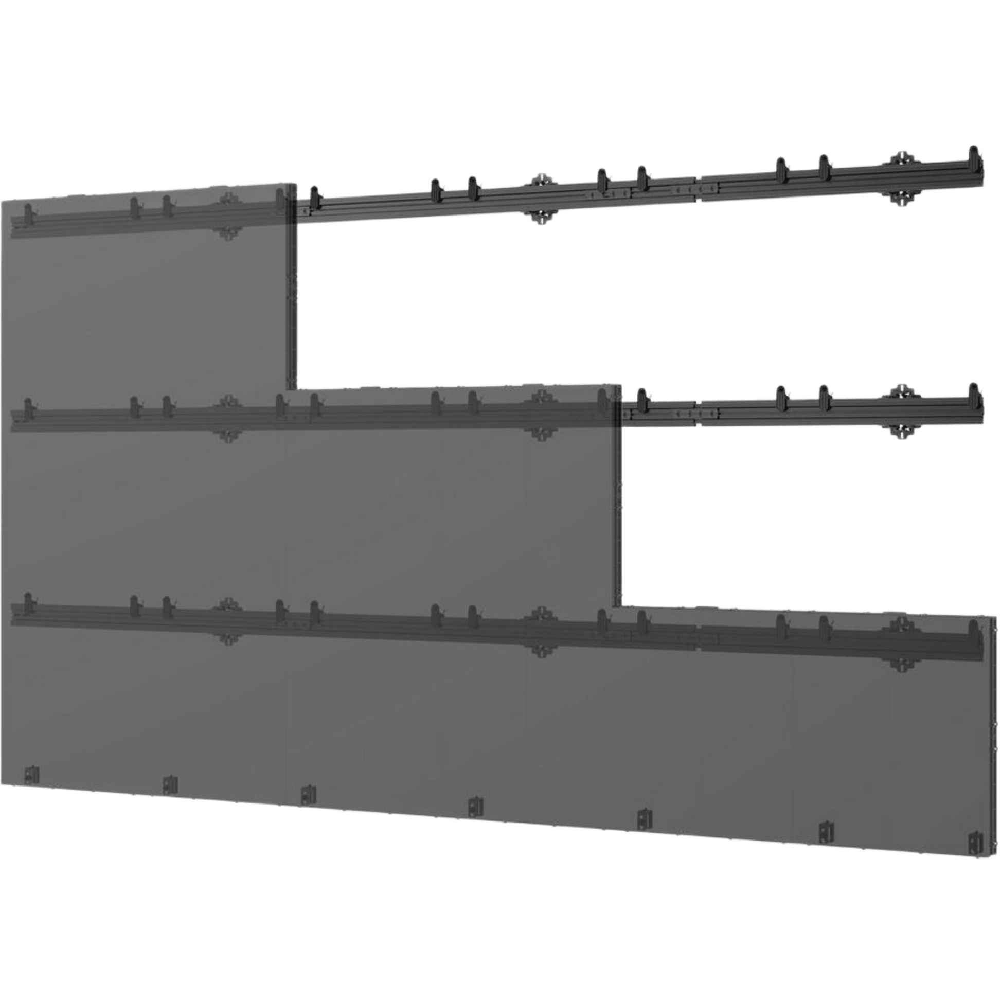 Soporte de Montaje para Pantallas dvLED / Ajustable Z 1.6 in (40 mm) / Ancho 144.09 in (3660 mm) / Compatible con Pantallas hasta 610 mm de Ancho / Sistema de Enganche Latching / Ajuste de Altura 0.5 in (13 mm) / Micro-ajuste 0.2 in (6 mm) / Carga hasta 6