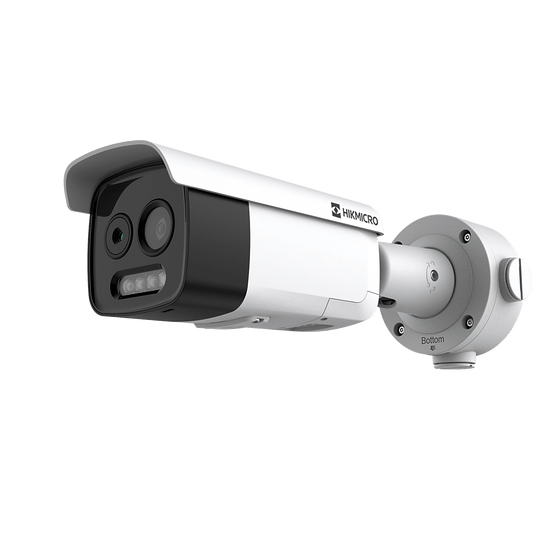HIKMICRO Cámara Bala IP Térmica y Óptica Dual / Análisis de Video (VCA 3.0) para Protección Perimetral / Detección Térmica de Incendios y Humos / Medición de Temperatura -20°C a 150°C