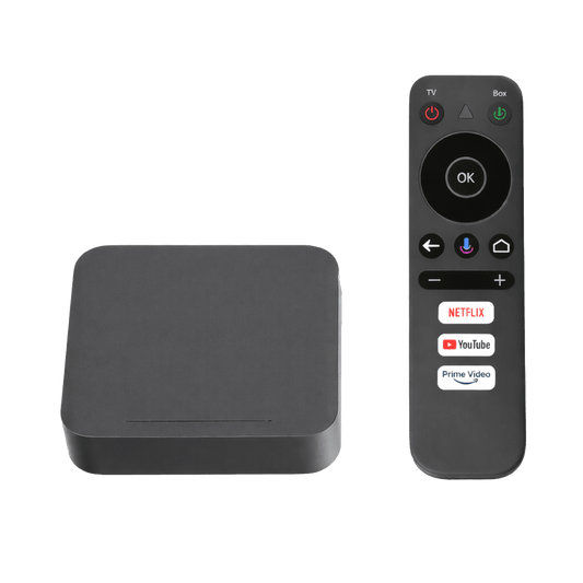 STB 4K Android con Google TV / Alto Rendimiento / Conexión Wi-Fi y por Cable / Control Remoto Bluetooth / Salida HDMI / Software de Gestion para ISP´s