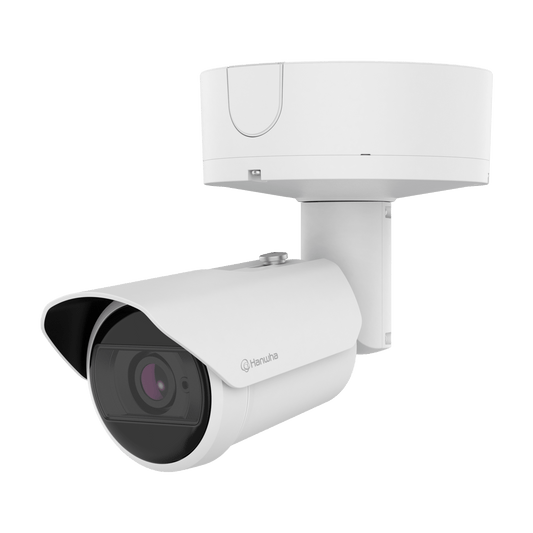 Cámara Bullet AI 8MP / Sensor 1/1.2" / Zoom Motorizado 2.25x 5.9-13.3 mm / WiseIR 60 m (196.85 ft) / Análisis Inteligente IA / IP66/IP67 / Wisenet 9 / Dual NPU / 4GB RAM
