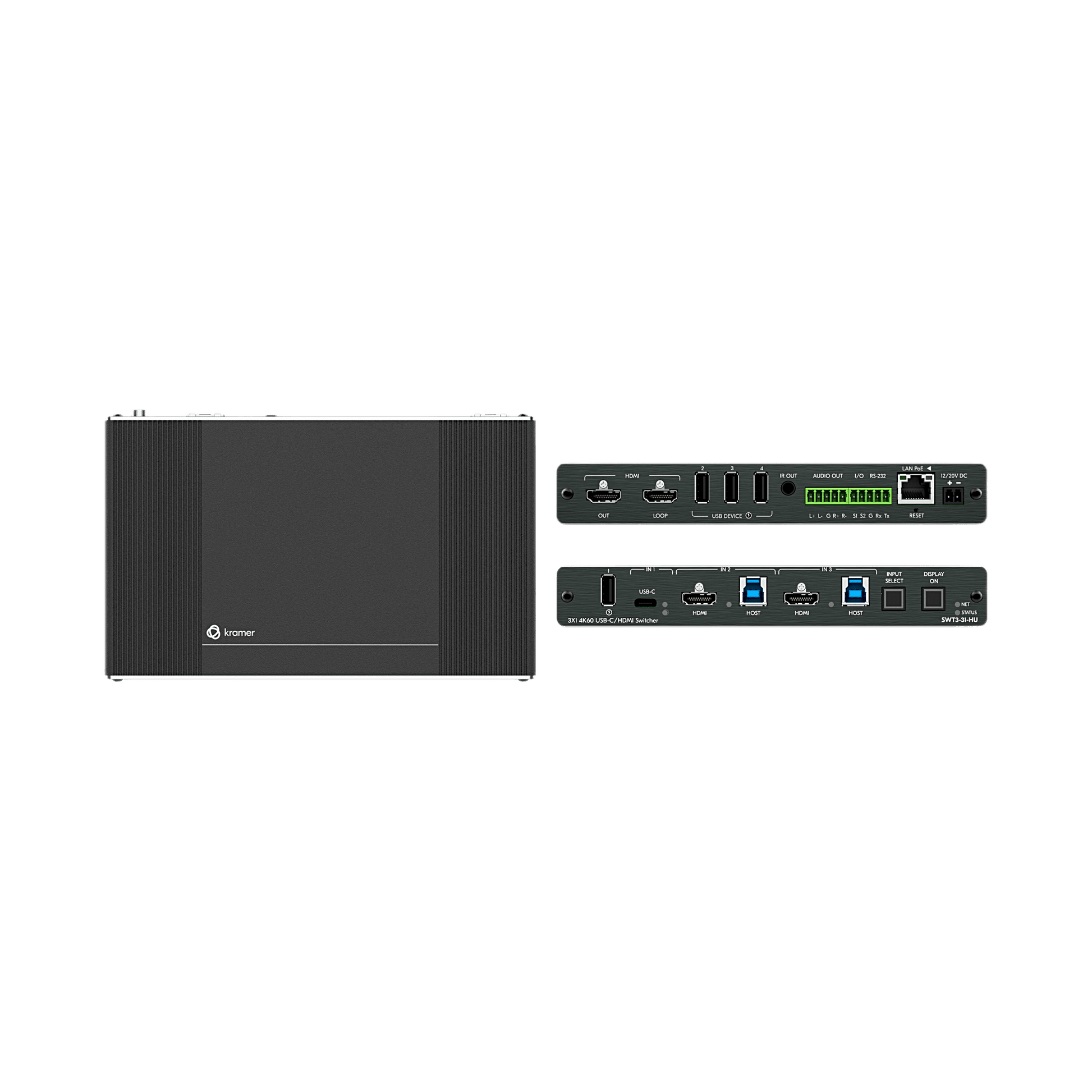 Auto-Switcher | 1 USB-C + 2 HDMI/USB Inputs | HDMI Output | USB 3.2 Switching | 4K@60Hz | HDCP 2.3 | PoE | MegaTOOLS Enclosure