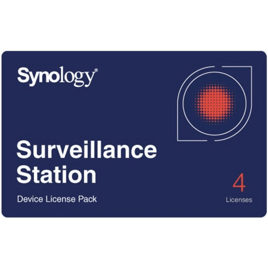 Licencias de Dispositivos de Vigilancia Synology | Paquete de 4 Licencias | Compatibilidad con Cámaras IP, Módulos de E/S, Altavoces IP | Gestión Centralizada CMS | Licencias Predeterminadas Incluidas.